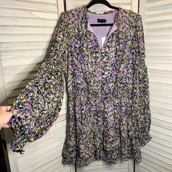 Ted Baker London Karlie Multicolor Black Smocked Detail Tiered Mini Dress 14 New - Picture 3 of 14